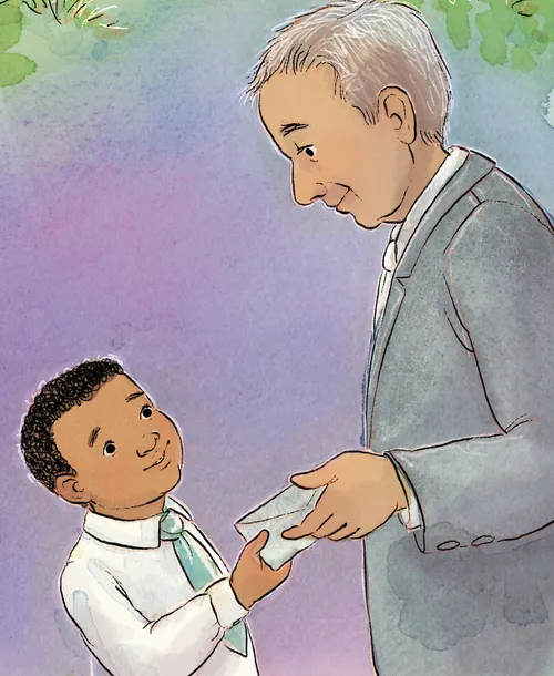 Boy giving tithing to Church leader