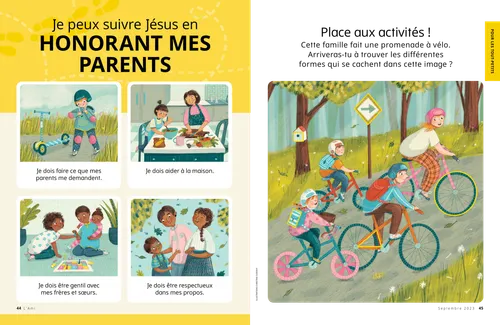 Page au format PDF avec des illustrations représentant des enfants faisant de la trottinette avec un casque, aidant à préparer un repas, jouant à un jeu de société en famille et marchant dehors avec leurs parents ; activité pour trouver des formes dans une illustration représentant une famille faisant une promenade à vélo
