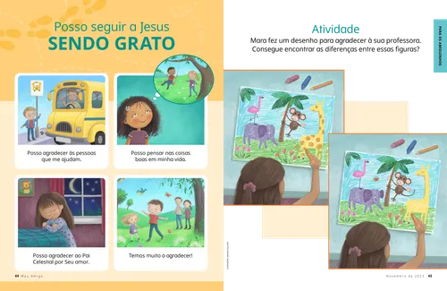 Página em PDF de uma criança acenando para um motorista de ônibus, uma menina pensando em seus amigos, uma menina orando e crianças na natureza; além de uma atividade de encontrar as diferenças
