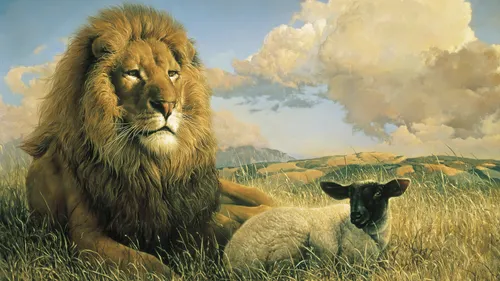 lion and lamb lying peacefully next to each other