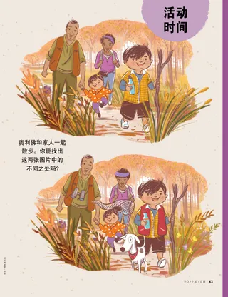 男孩和家人健行的找不同活动