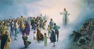 Resurrected Christ with arms outstretched stands above a throng of people