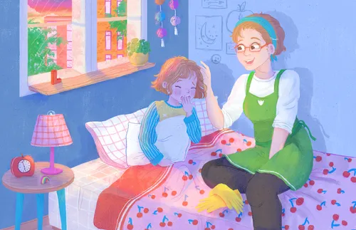 mom and daughter sitting on bed as sun rises outside window