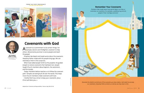 Page PDF of a child with a doctor; sister missionaries, Joseph Smith teaching, and a temple; plus a drawing activity on a shield