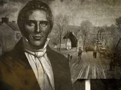 Portrait of Joseph Smith over an image of a town.