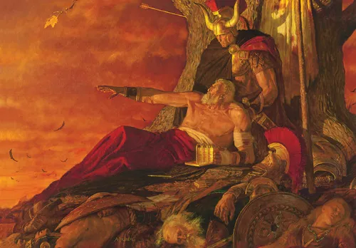 A painting by Arnold Friberg of Mormon sitting at the base of a tree overlooking the Nephite lands, with the gold plates beside him and his son Moroni kneeling on the other side.