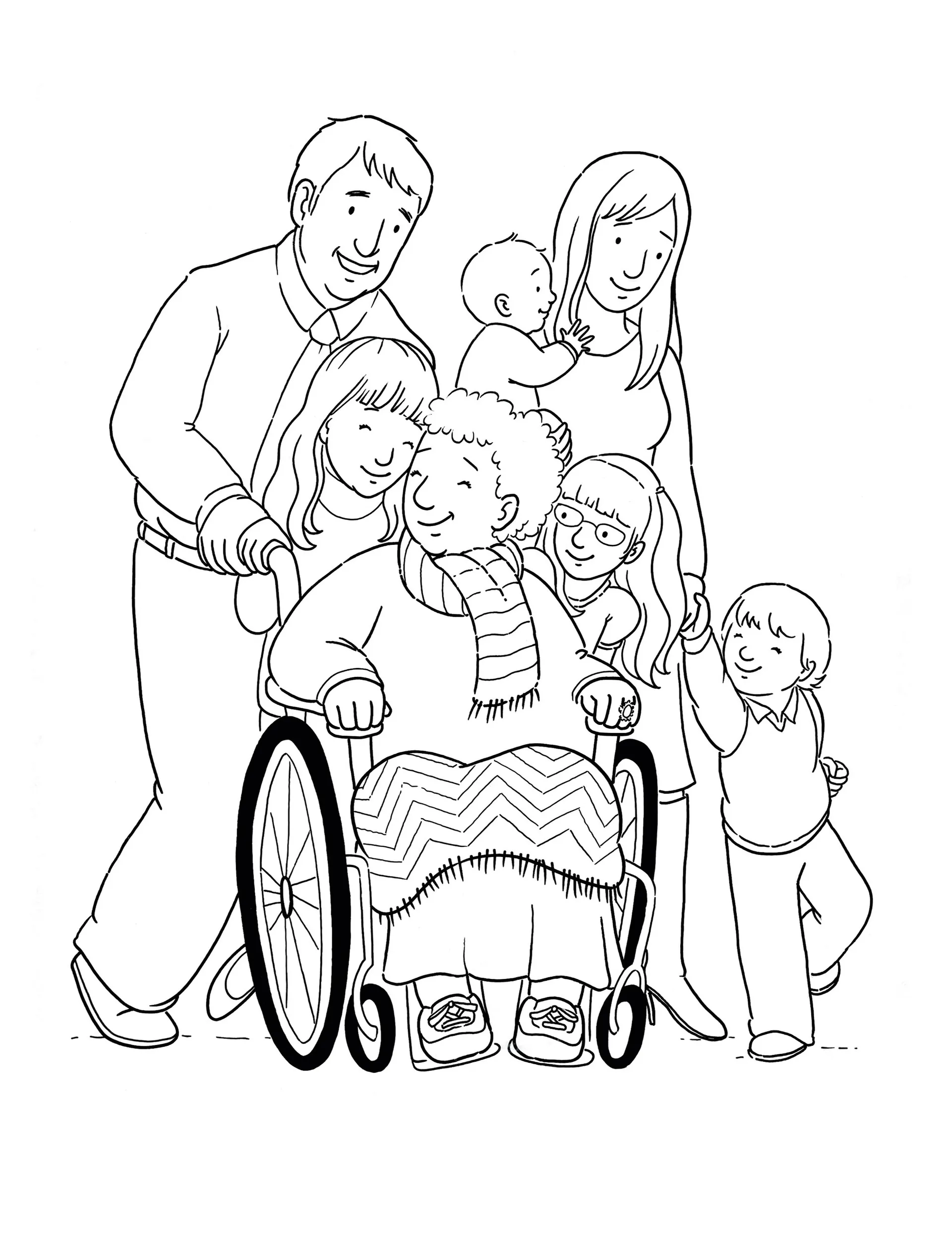 A family pushes their grandmother in her wheelchair.