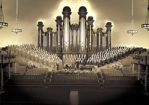The 2001 official portrait of the Tabernacle Choir. the conductor, organist and choir members are posing in front of the organ pipes of the Salt Lake Tabernacle.
photoshop eps