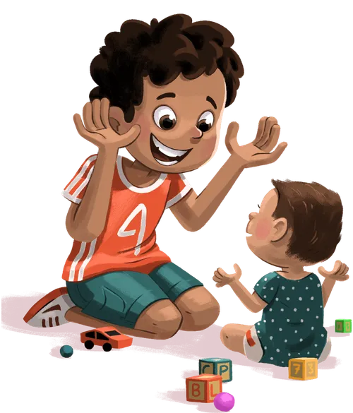 1. First spot illustration is of the figure, Antonio, entertaining his little brother Zach. Antonio is probably 7-9 years old and Zach is perhaps 1 year old. 2. Second spot illustration is of Antonio catching a spider. His sister is in the background looking scared. 3. Third spot illustration is of Antonio with his next door neighbor, Mr Wakefield. They are weeding a garden. Mr Wakefield is older. and he might be wiping the sweat off his brow.