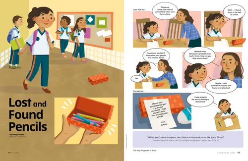 Page PDF of a comic-style story with illustrations of a girl finding a box of pencils at school and talking to her mom about it
