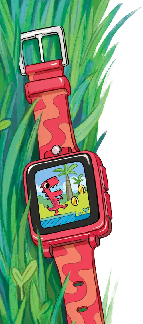 A red watch with a dinosaur game on the screen