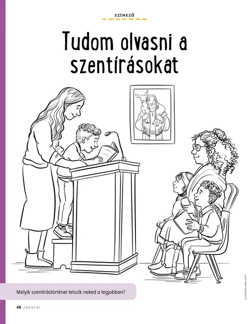 színezőoldal egy elemiben szentírást olvasó fiúról