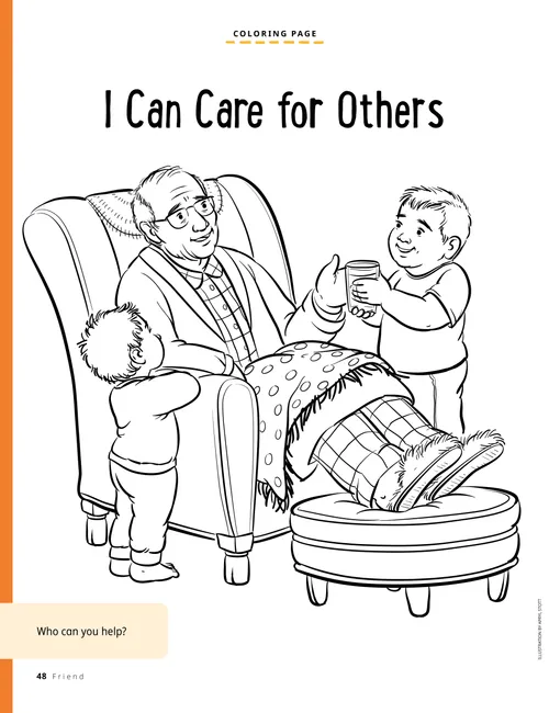 Coloring page PDF of two boys giving a glass of water to an elderly man sitting in a chair