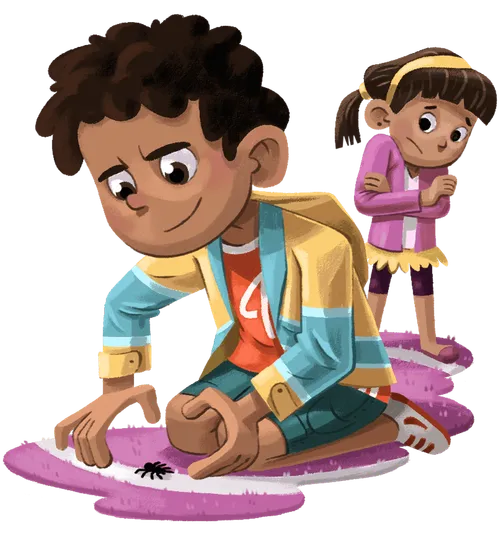 1. First spot illustration is of the figure, Antonio, entertaining his little brother Zach. Antonio is probably 7-9 years old and Zach is perhaps 1 year old. 2. Second spot illustration is of Antonio catching a spider. His sister is in the background looking scared. 3. Third spot illustration is of Antonio with his next door neighbor, Mr Wakefield. They are weeding a garden. Mr Wakefield is older. and he might be wiping the sweat off his brow.