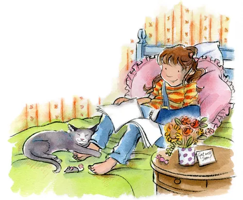 girl with cast sitting in bed and reading Friend magazine