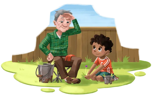 1. First spot illustration is of the figure, Antonio, entertaining his little brother Zach. Antonio is probably 7-9 years old and Zach is perhaps 1 year old. 2. Second spot illustration is of Antonio catching a spider. His sister is in the background looking scared. 3. Third spot illustration is of Antonio with his next door neighbor, Mr Wakefield. They are weeding a garden. Mr Wakefield is older. and he might be wiping the sweat off his brow.