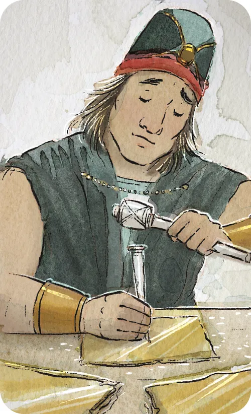 Illustrations for the "Alma Believed Abinadi" scripture story in the May 2020 Friend. Alma writes the words of Abinadi down on gold plates.