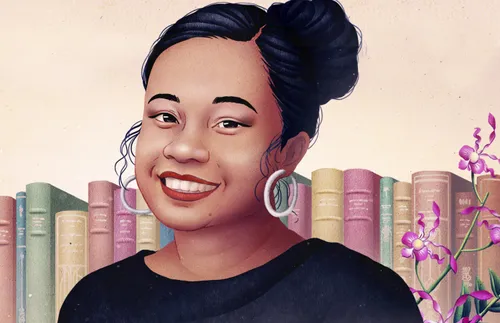 smiling young adult woman standing in front of books