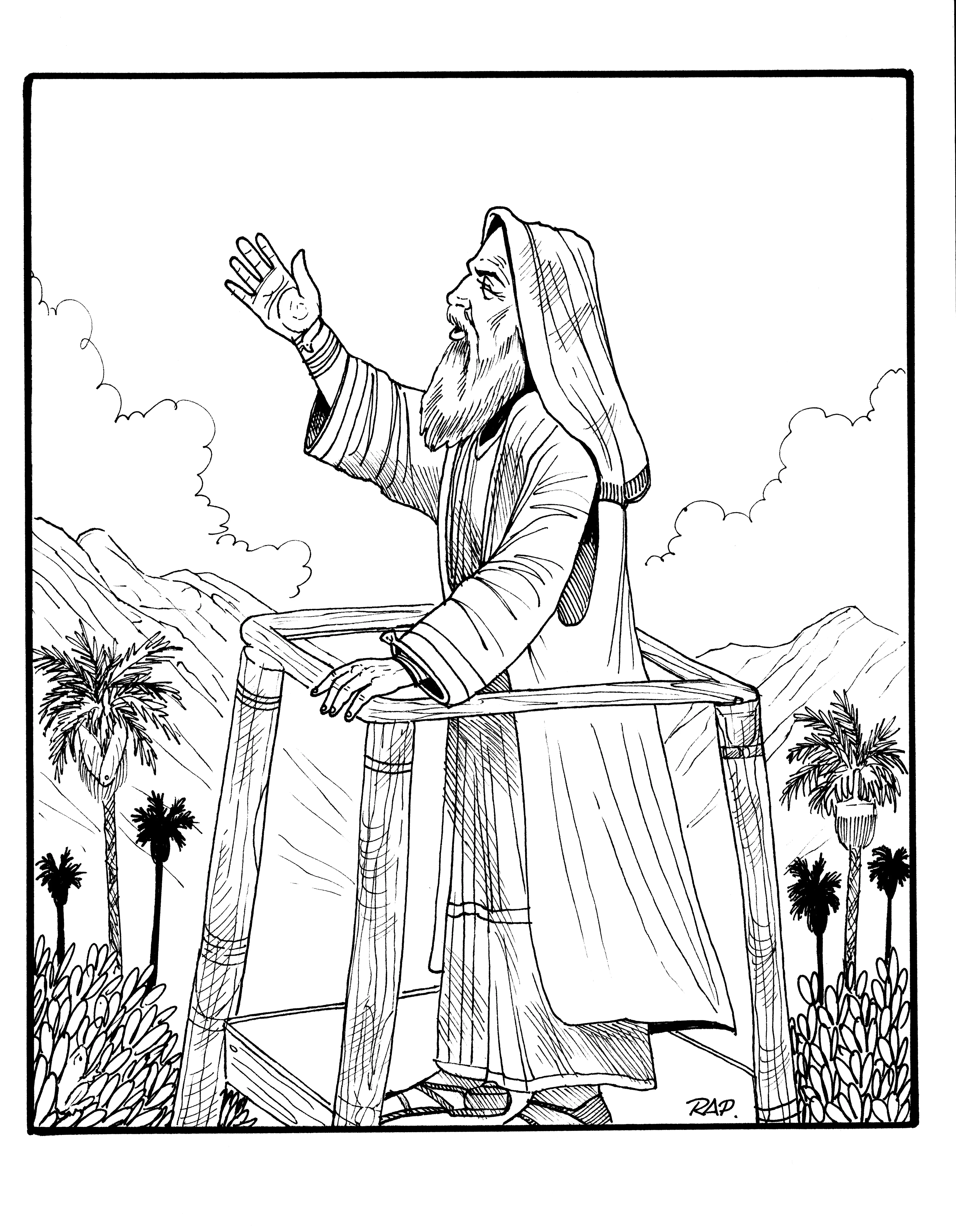 King Benjamin stands on his tower and preaches to his people.