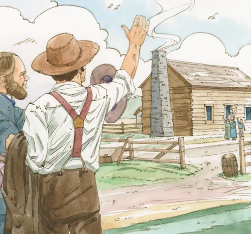 Men leaving their homes to go on missions, waving goodbye to their families. Chapter 49-6