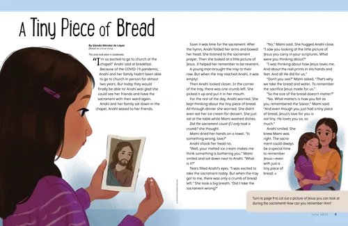 Page PDF with illustrations of a girl holding a bread crumb and looking at a picture of Jesus Christ, and the girl sitting on her mom’s lap