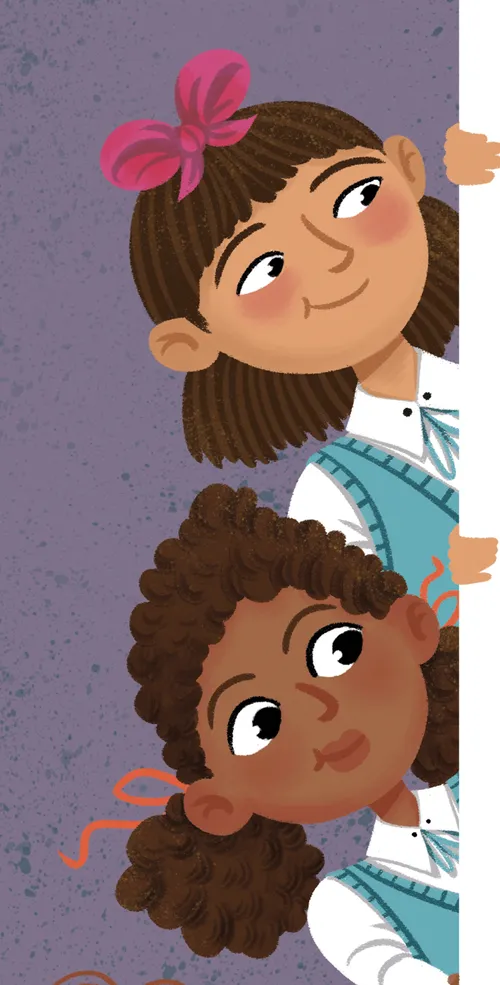 "1. 3 girls (about age 10) peeking around a corner. Ethnicity  represented, Caucasian, African American, and East Asian. 2. Stars for title treatment. 3. A teacher seeing a poster the girls have made. Stars and smiley faces and handwritten notes.  4. Spot illustration of Rylie and friend high-fiving."