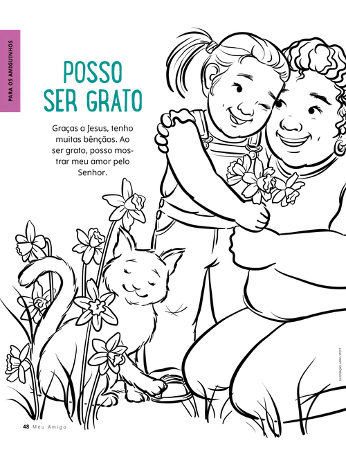 Página para colorir em PDF de uma menina sorridente abraçando uma mulher e dando-lhe flores, com um gato sentado ao lado