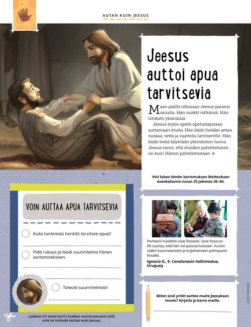 PDF-sivu, jonka kuvassa Jeesus Kristus parantaa miehen, lisäksi tehtävä, johon kirjoittaa joku, jota auttaa