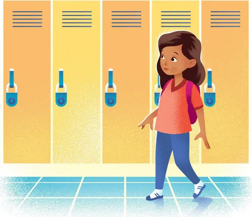 Girl with backpack in front of lockers