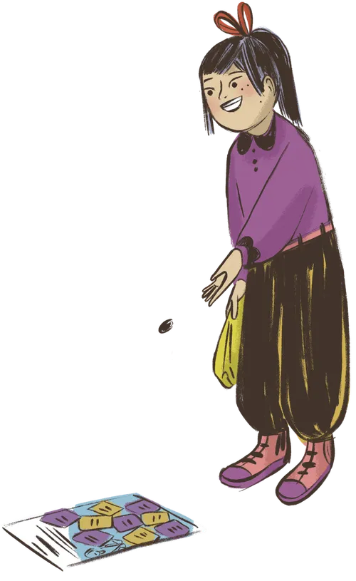 Four illustrations depicting various children's activities. 1. Bowl of candy. 2. Children dancing 3, Children making an indoor tent with blankets 4. Child playing a game.