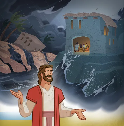 Jesus teaching about a house built on a rock.