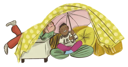 Four illustrations depicting various children's activities. 1. Bowl of candy. 2. Children dancing 3, Children making an indoor tent with blankets 4. Child playing a game.