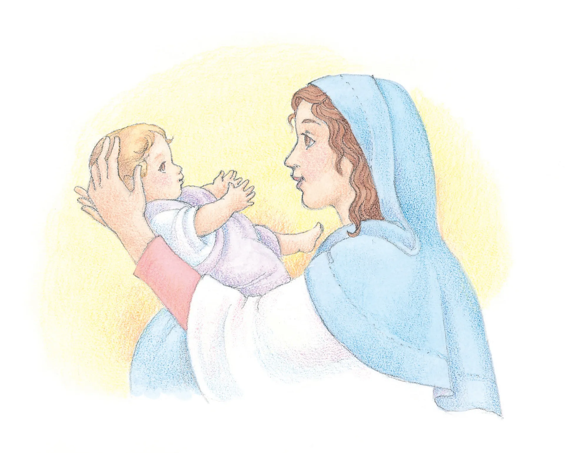 María sostiene al niño Jesús. De Canciones para los niños, página 28 “El arrullo de María”; ilustración a la acuarela por Phyllis Luch.