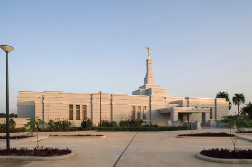 The Aba Nigeria Temple in the morning, with small trees growing on the grounds.