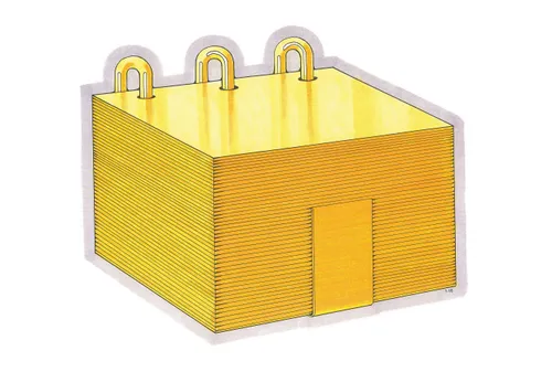 A Primary cutout of a representation of the golden plates held together with three spindles.