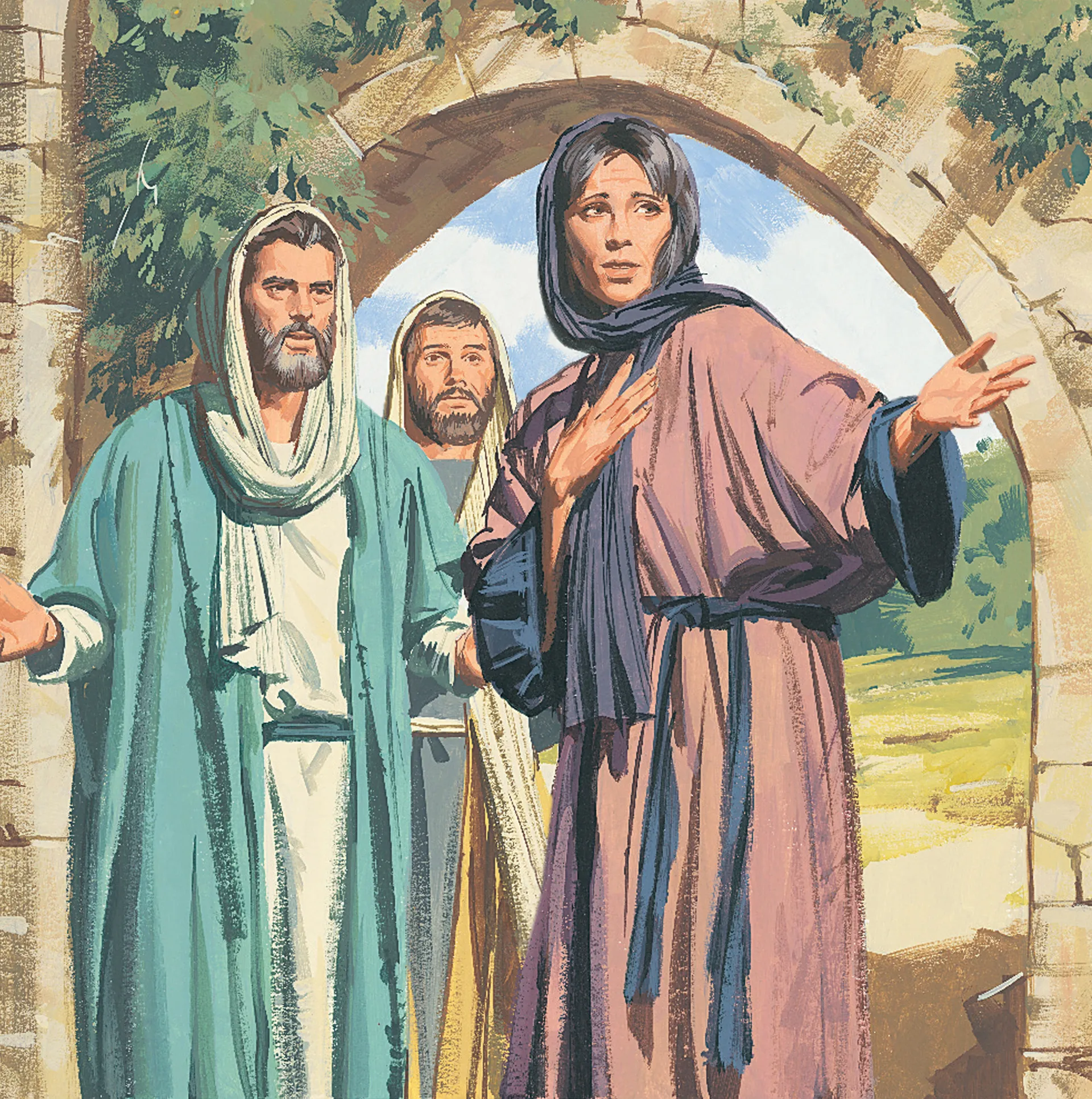 Ilustración por Paul Mann de María Magdalena contando a Pedro y a Juan que el cuerpo de Cristo ha desaparecido.