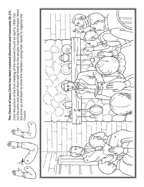 Line art illustration of Joseph Smith teaching in the Whitmer home in Fayette, NY, on the day the Church was organized April 6, 1830.