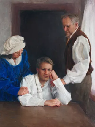 a portrait of Joseph Smith and his parents looking anxious