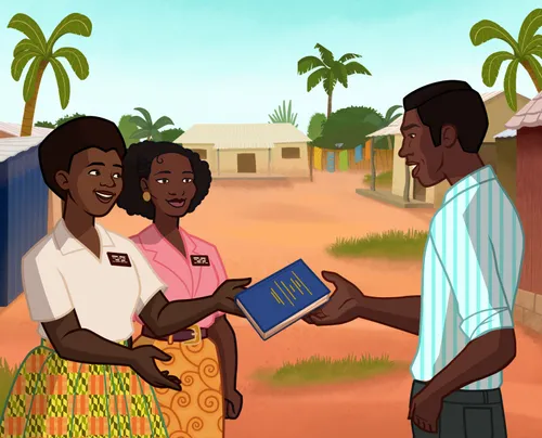Missionaries in Ghana giving a man a Book of Mormon