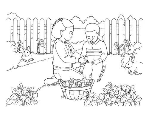 Two children sitting in a garden and picking strawberries.