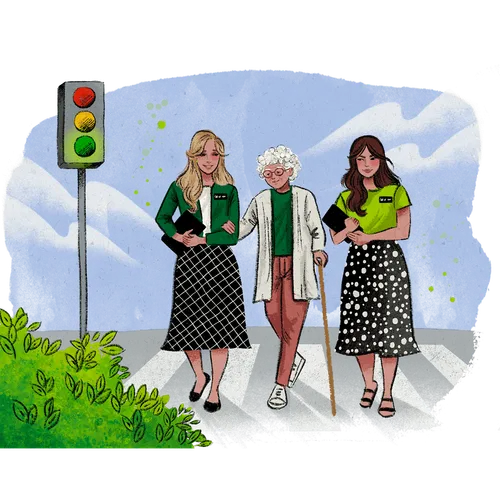 sister missionaries helping old woman