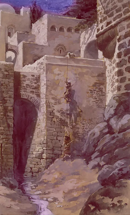 men using rope to descend wall