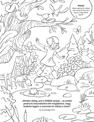 a coloring page of a girl walking through a forest scene
