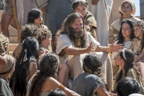 Jacob sits on the steps of the temple as he teaches the Nephites.