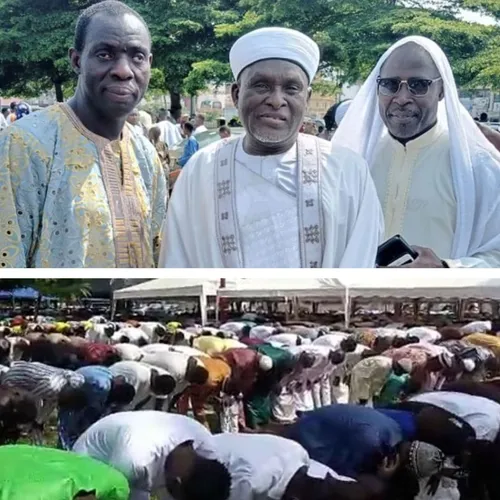 image of Church leader with others and image of Muslims worshipping on grounds of stake center in Ghana