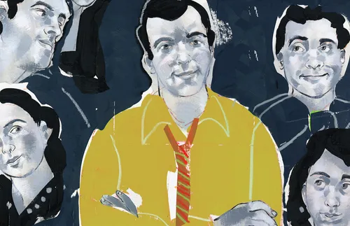 smiling man with arms folded; other people looking on