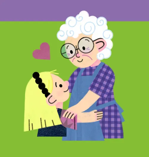 Illustration of little girl and grandma hugging