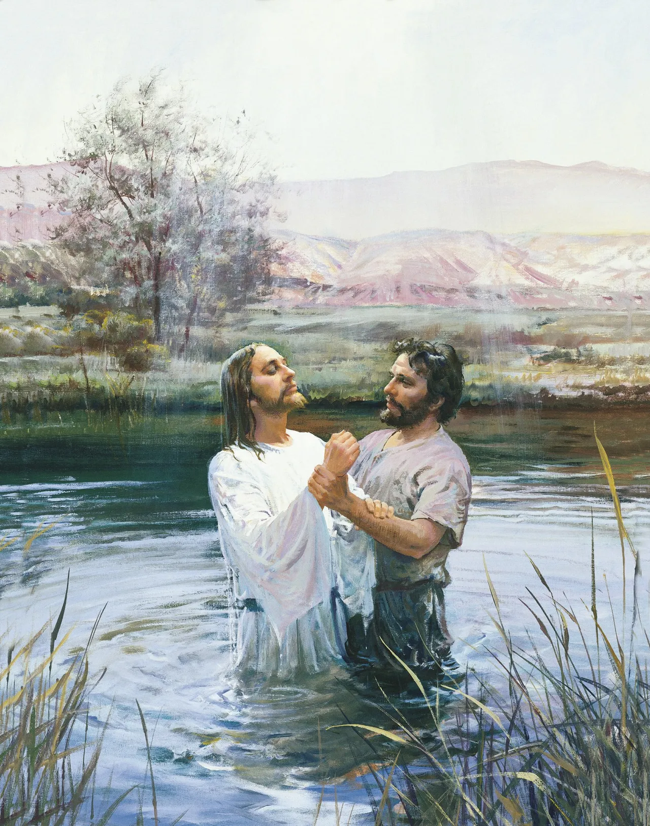 John the Baptist Baptizing Jesus (John Baptizing Jesus), by Harry Anderson (62133); GAK 208; GAB 35; Primary manual 1-18; Primary manual 2-19; Primary manual 3-01; Primary manual 7-07; Matthew 3:13–17; Joseph Smith Translation, Matthew 3:43–46 (in the Bible appendix); Mark 1:9–11; 2 Nephi 31:4–13