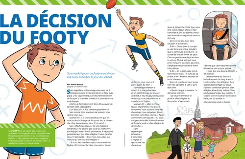 Page au format PDF avec des illustrations représentant un garçon se grattant la tête, jouant au football américain, priant dans une voiture et se rendant à pied à l’église avec sa famille