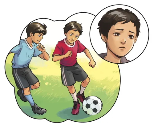 boy thinking of playing soccer with his friend